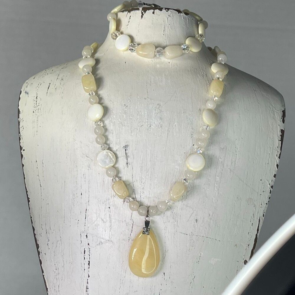 Artisan made set Mother of Pearl & Crystal necklace & bracelet